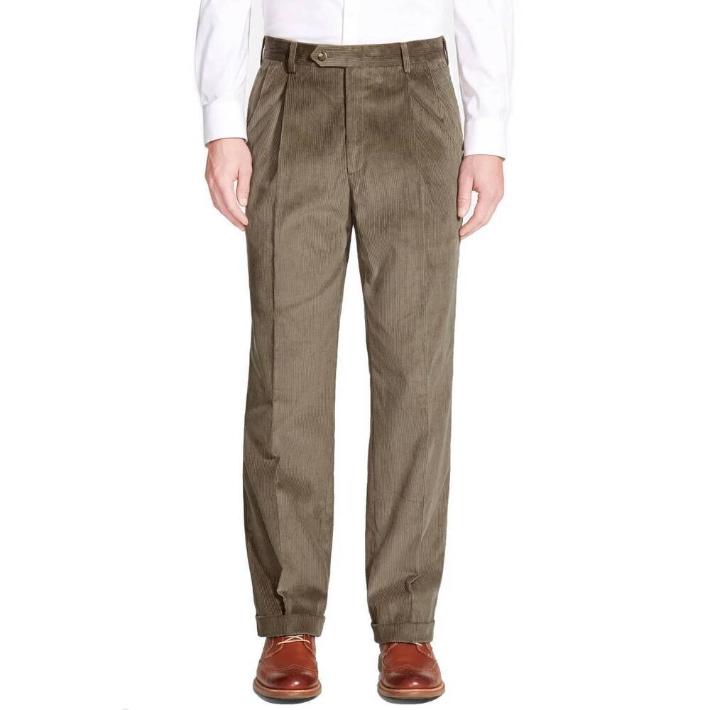 NEW BERLE milan double reverse pleat wale luxury italian corduroy pant in tan